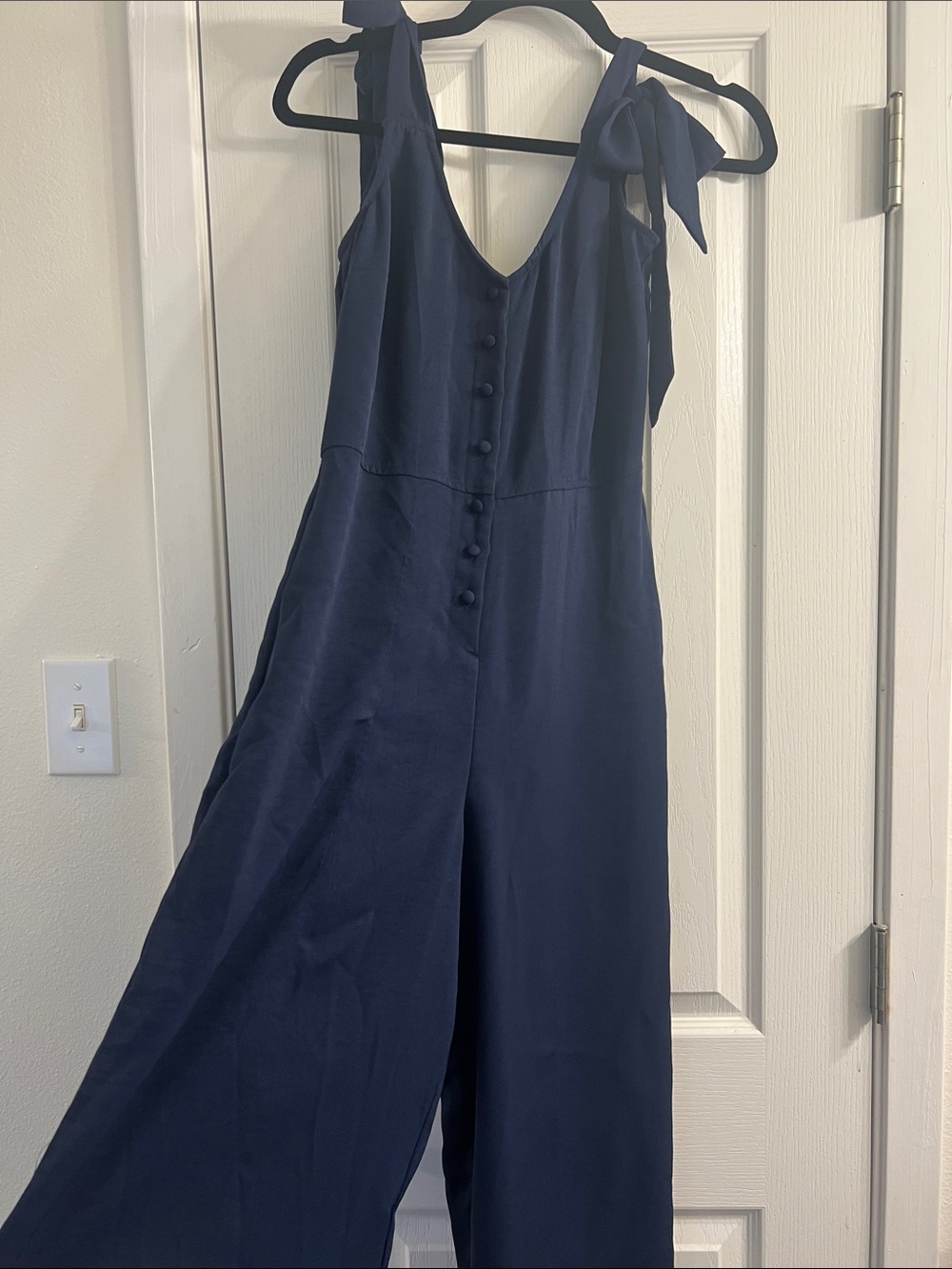 Chelsea & Violet Navy Button-Front Jumpsuit with Tie Shoulders